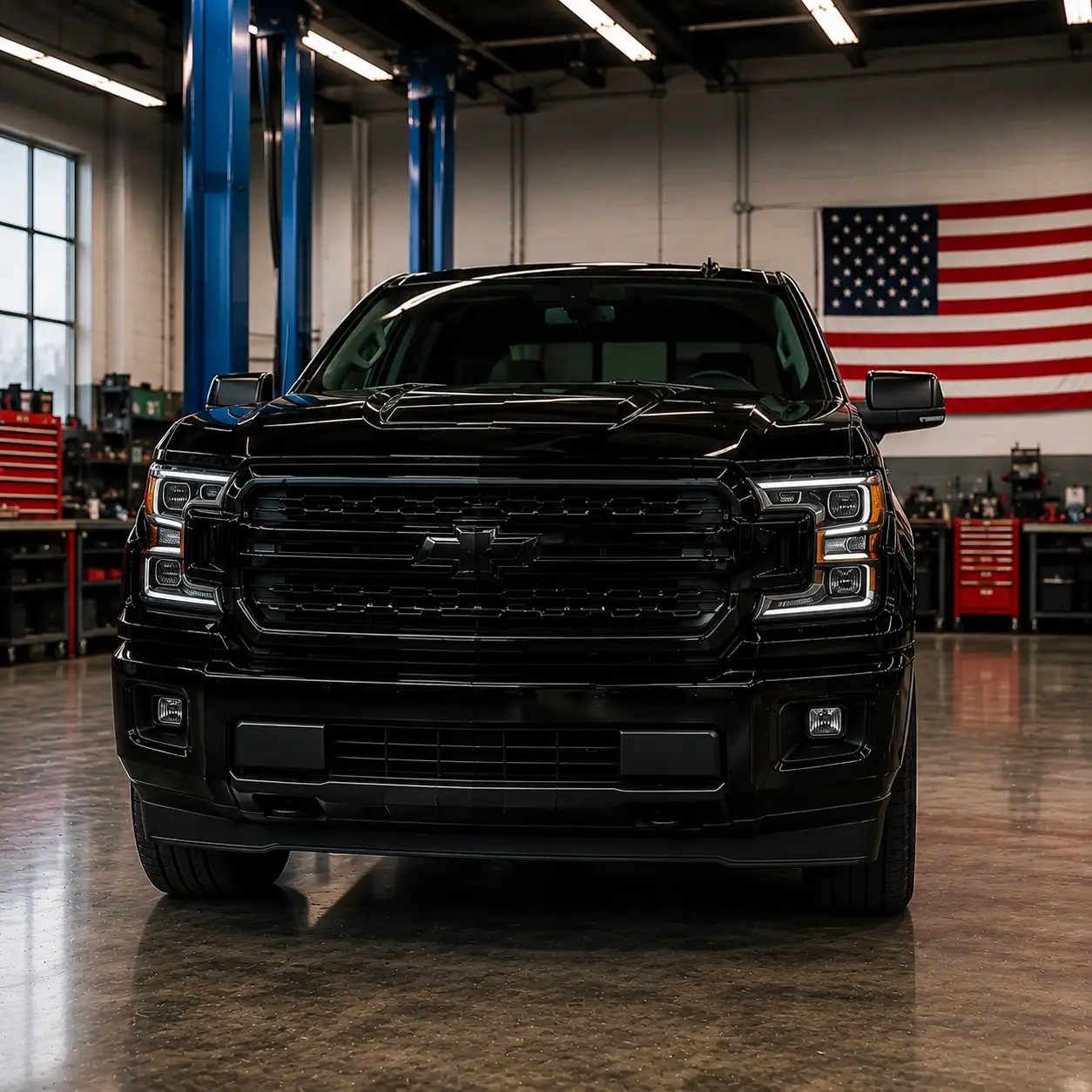 Black pickup truck in the MCRIDER MOTORS workshop