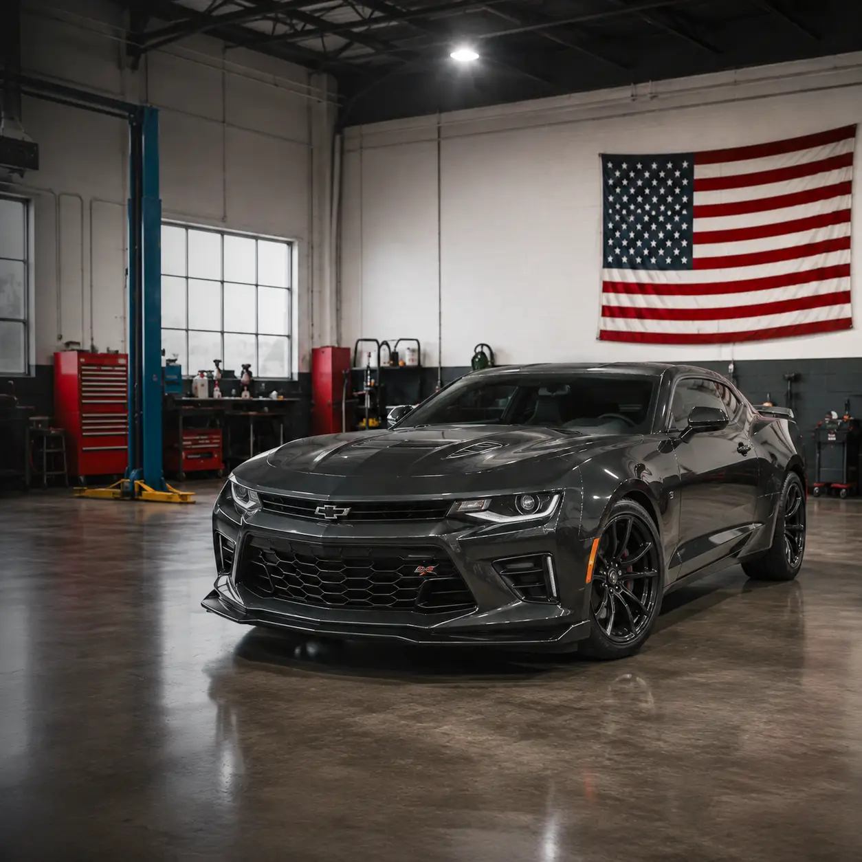 Black pickup truck in the MCRIDER MOTORS workshop
