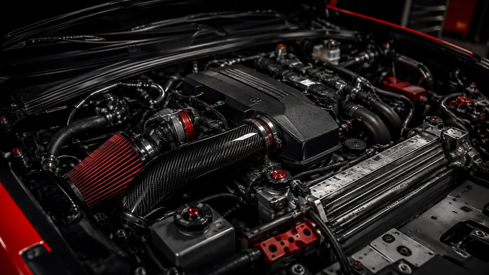 Red Challenger being serviced inside the MCRIDER MOTORS workshop