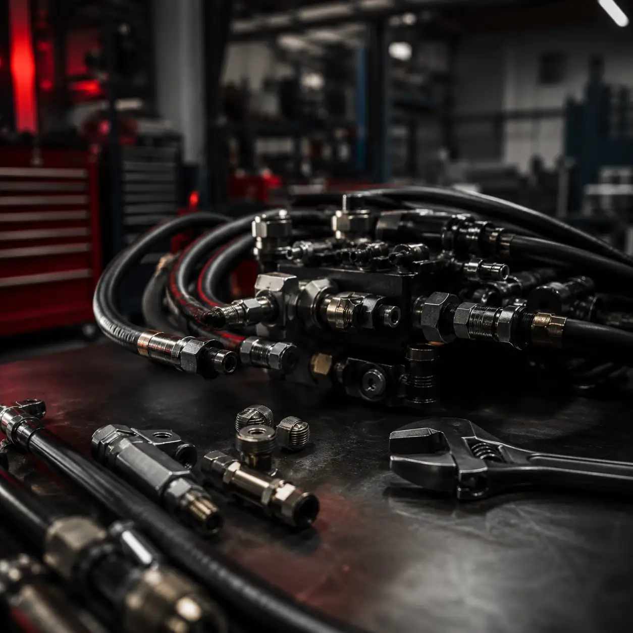 Red Challenger being serviced inside the MCRIDER MOTORS workshop