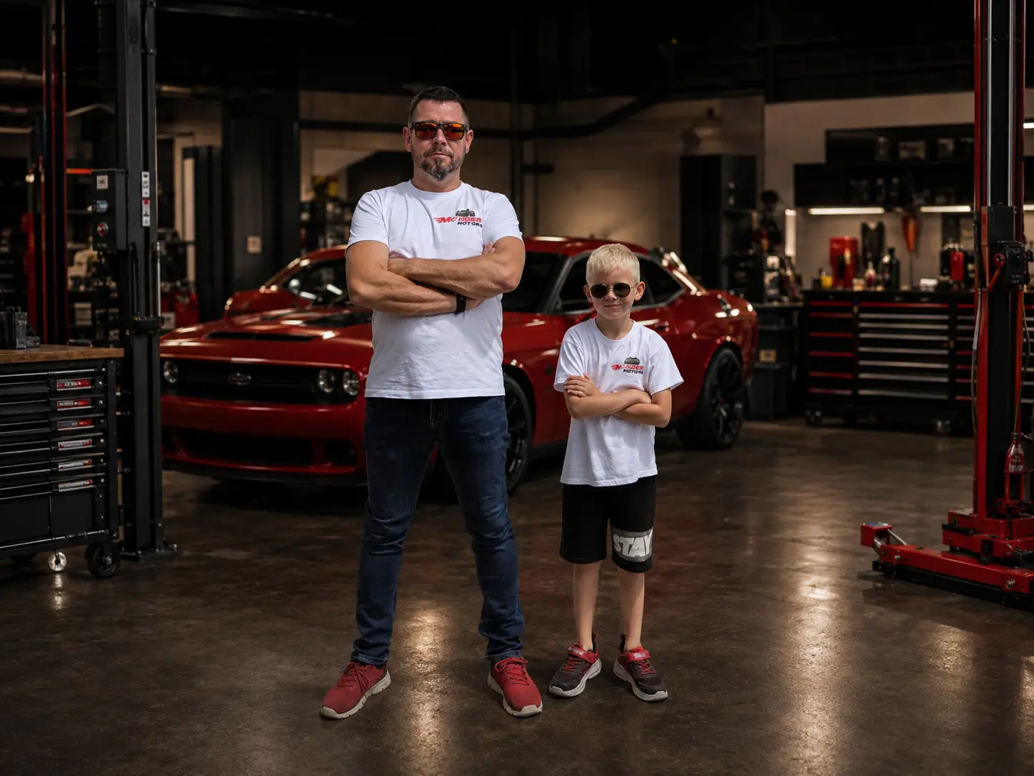 Marcus Reiter and his son in the MCRIDER MOTORS workshop